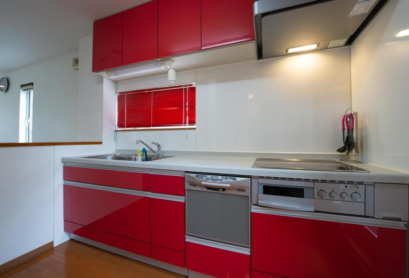 Red and white kitchen unit