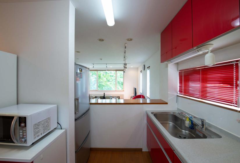 Red and white kitchen unit