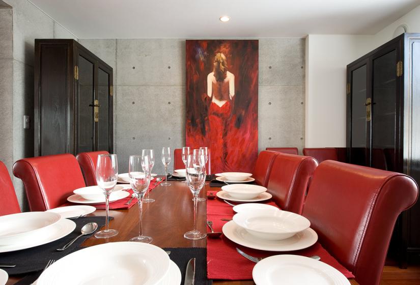 Dining table with red seats