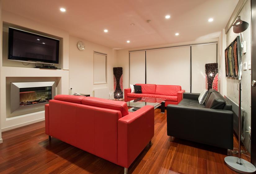 Living area with drawn blinds