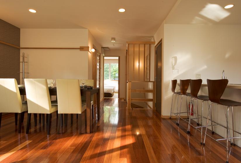 dining area view with wooden floor