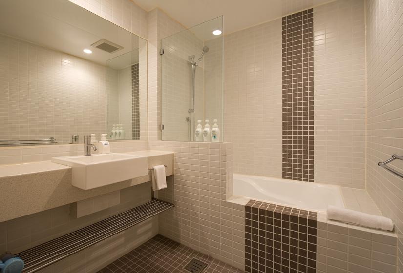 Brown and white tiled bathroom