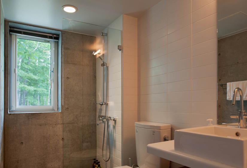 shower with glass door, toilet, sink