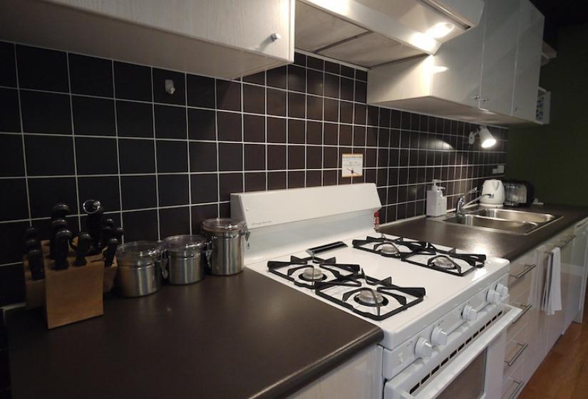 close up of black counter space and stove top