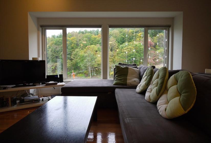 view of sofa with pillows and coffee table