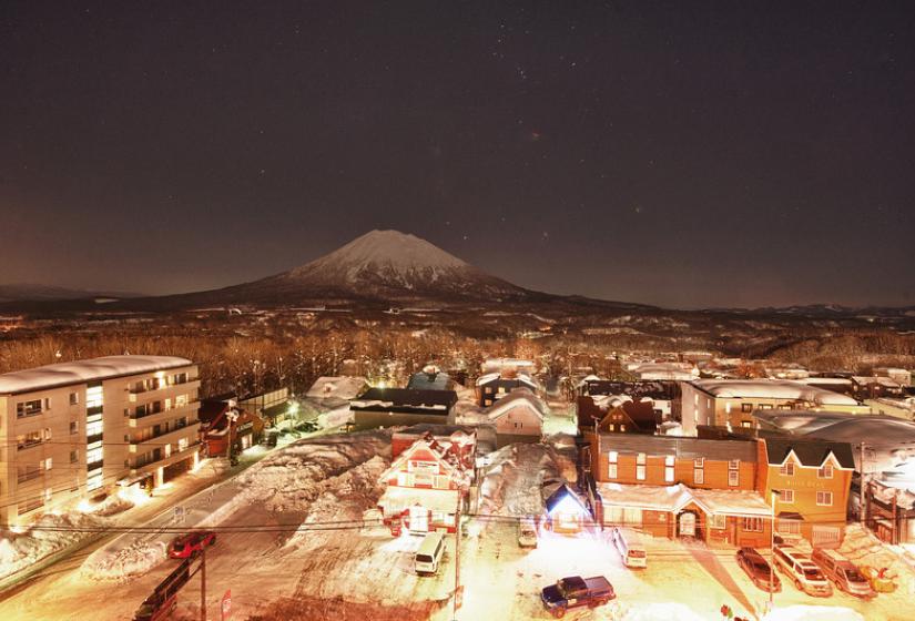 rooftop night view of Hirafu and Mt. Yotei