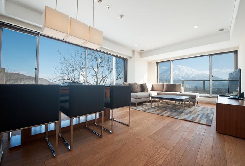 dining area with cube lamp massive windows