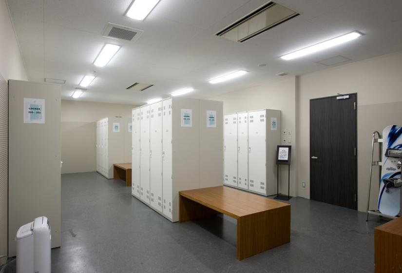 locker room with wooden benches