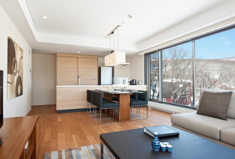 dining area with kitchen counter in background