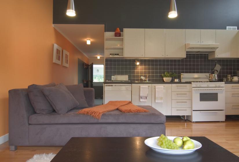 view of the kitchen, sofa, and hallway