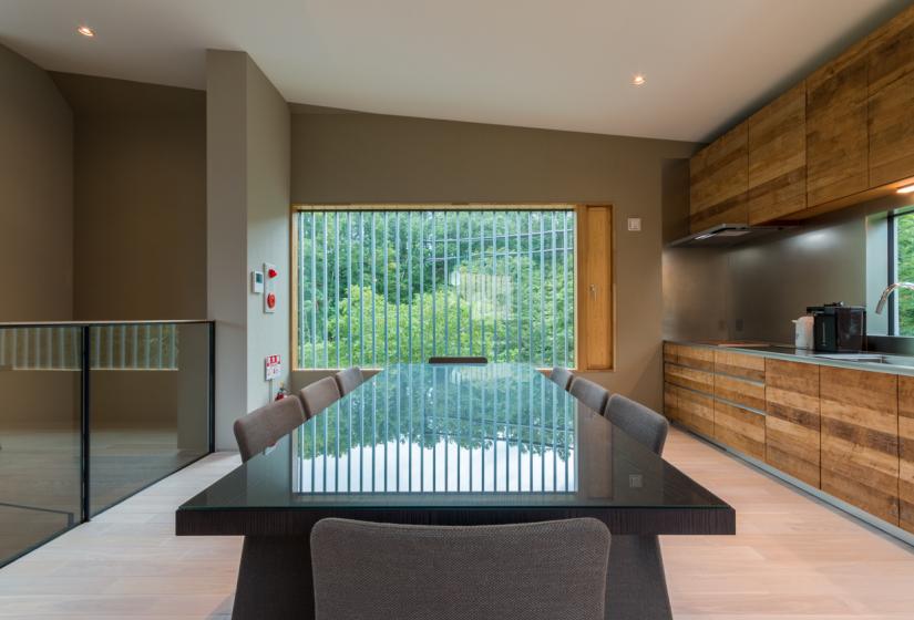 main dining table with window and shades