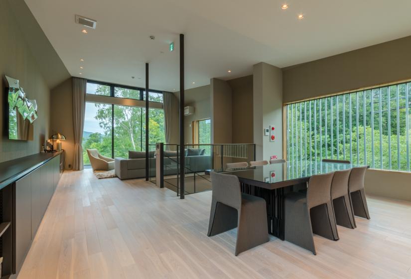 main dining table with hallway view to living room