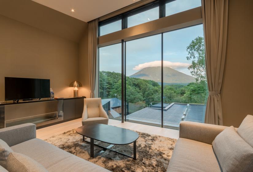 view from couch of Mt. Yotei with Tv in background