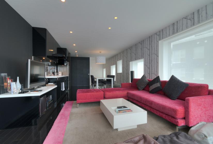 living area with large crimson sofa