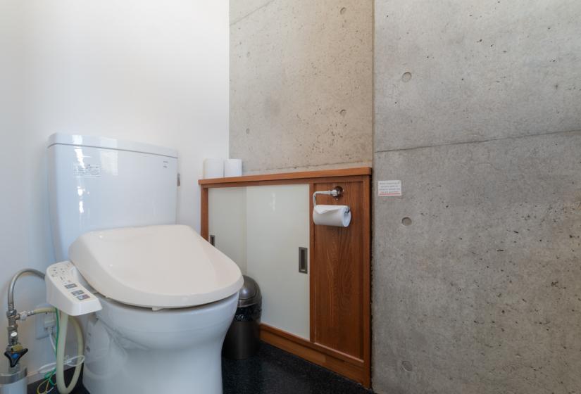 toilet with cabinet and concrete wall