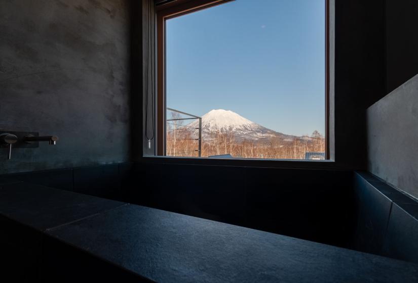 view of Mt. Yotei from bathtub