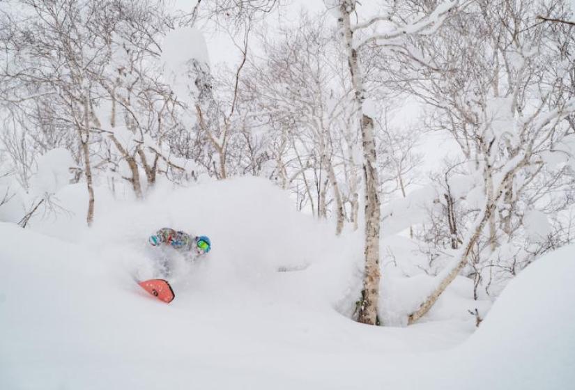 Deep powder dreams! A snowboarder makes a deep powder turn
