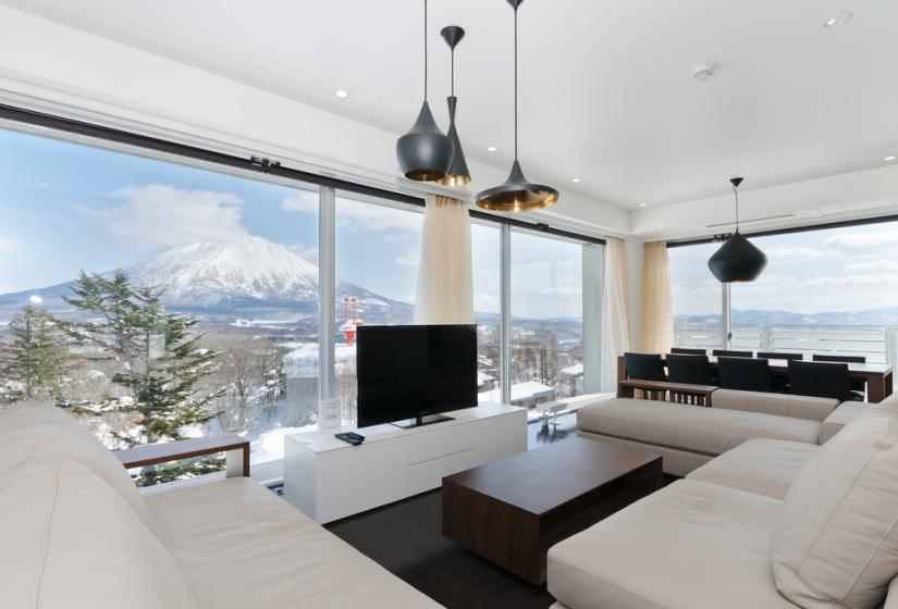 living area with tranquil view of Mt. Yotei