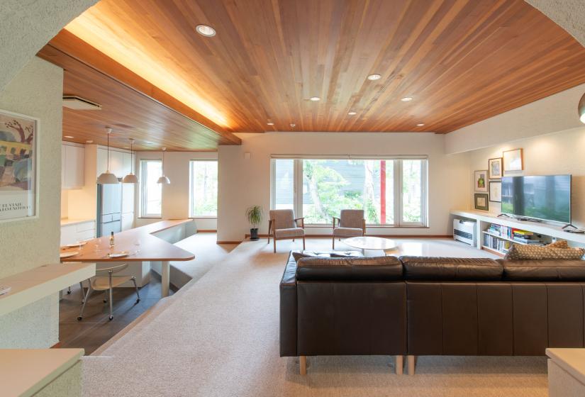 wooden ceiling and brown sofa