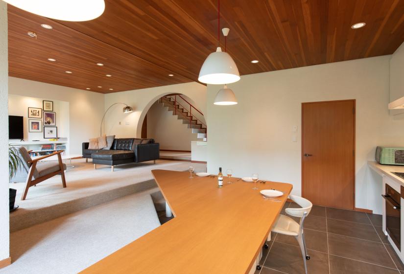 Dining table with view to living room