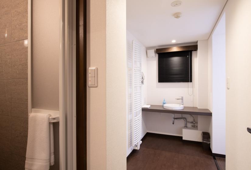 Shower and white vanity