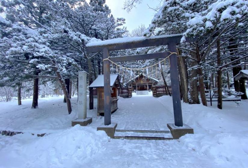 Japanese tori gates with a small shrine behind