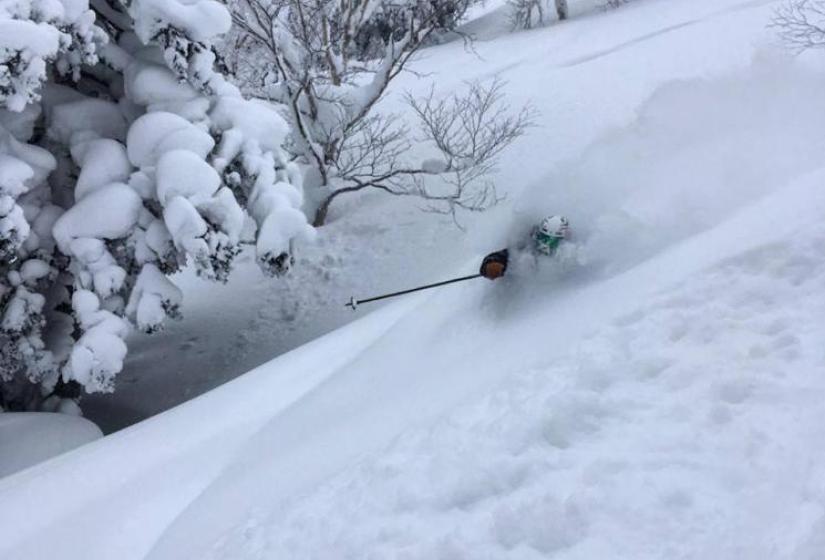 Incredible powder at Niseko Village A skier makes a deep turn in powder snow