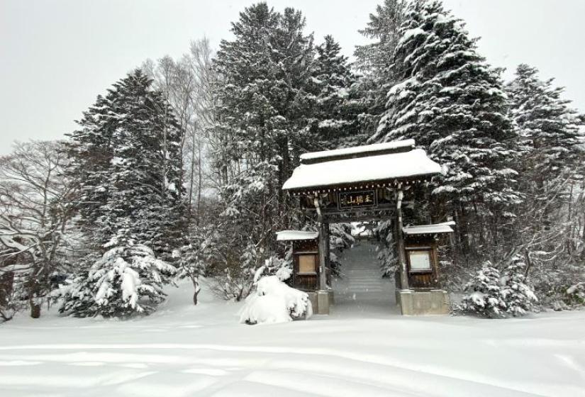 A temple near Niseko Shrine gates in front of a snowy forest