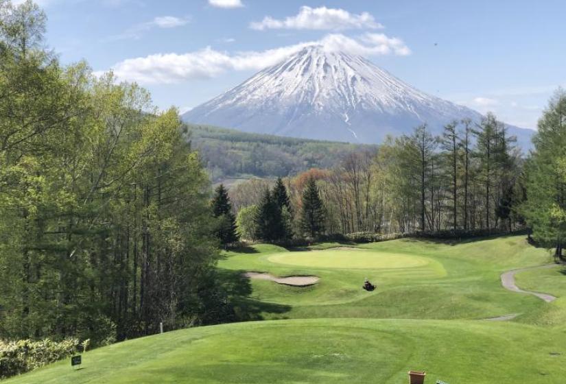 Mount Yotei with golf course fairways in the foreground