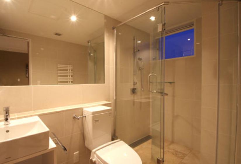 japanese electronic toilet with shower, wall mirror and sink