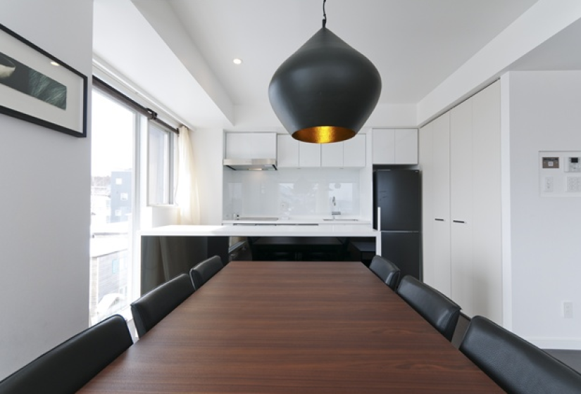 dining table with black overhead light
