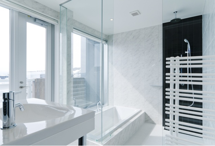 walk-in shower with tub  view from the sink