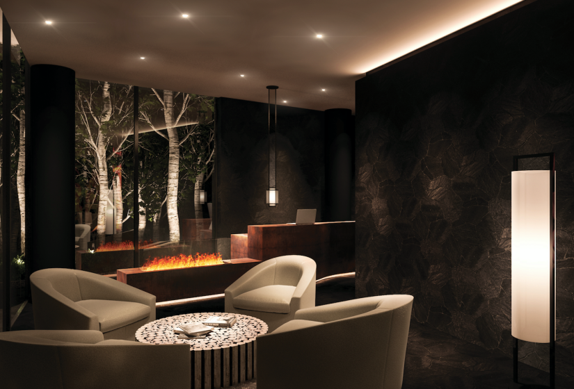 Artist impression of lobby with fireplace
