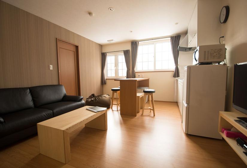 Sofa, kitchen area and TV in Snowbird 