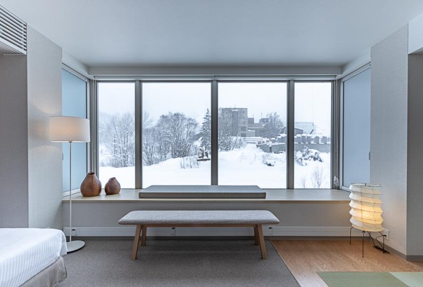 Large windows with snow views
