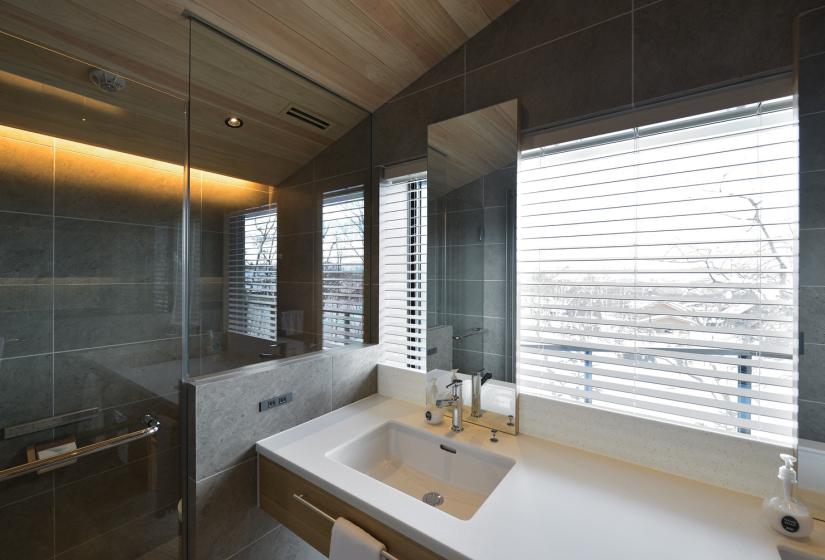 Bathroom sink and windows with blinds
