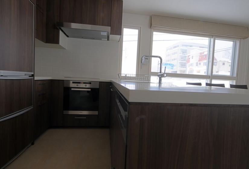 kitchen with village views, large oven and stove top