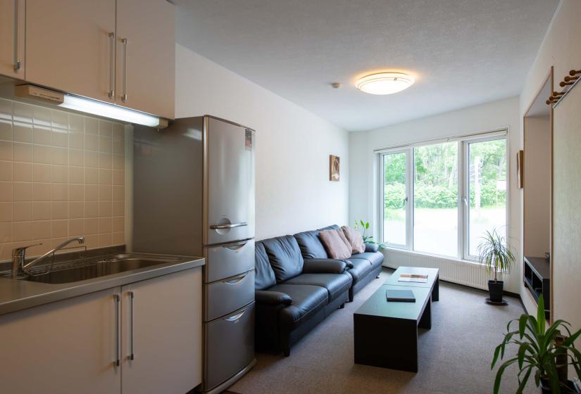 Black sofas and silver fridge