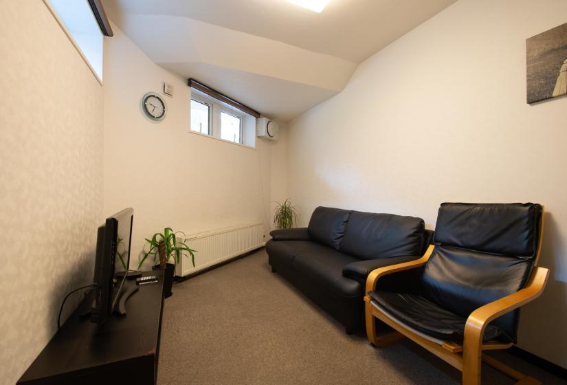 Black couch and chair in living room