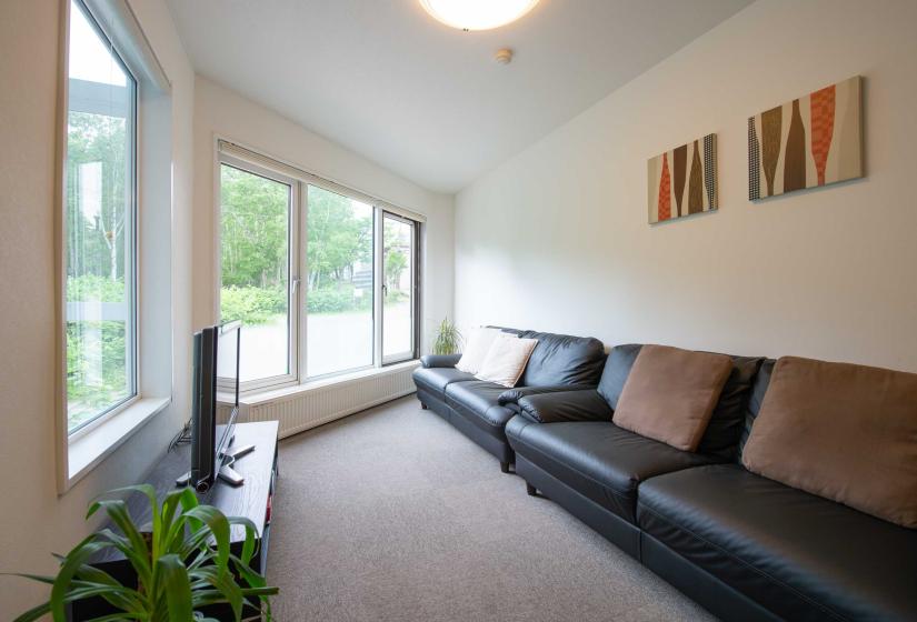 two black sofas facing tv