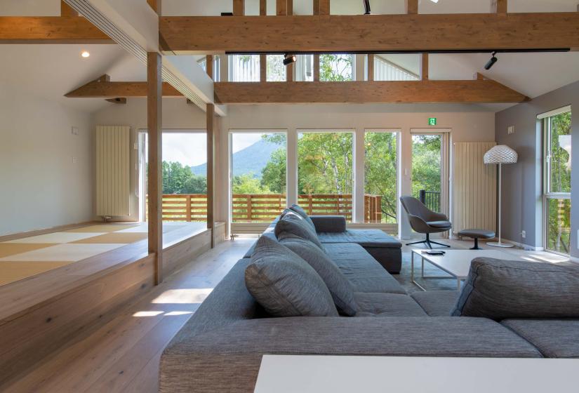 grey sofa with the view to outside