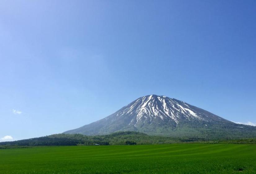 Yotei in the spring Mt Yotei in spring with green paddock foreground