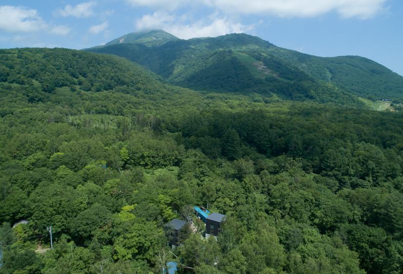 Yuki no Taki is tucked away in the trees in an area known as Soga pictured here with the Niseko Village Gondola in the back ground. Luh green forest covers rolling hills with a house bottom centre