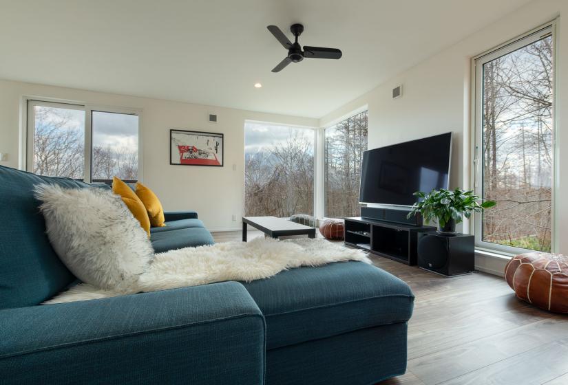 A blue couch with sheepskin throw and television to the right.