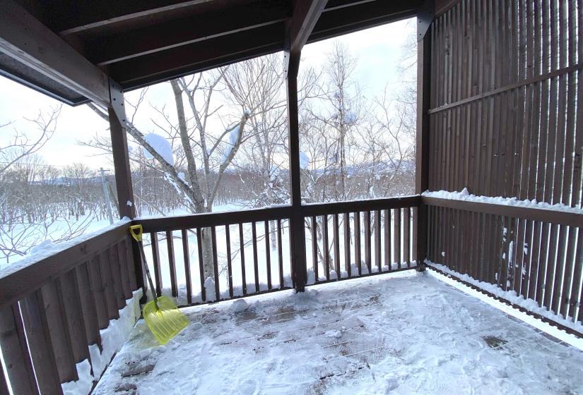 A covered balcony with snow on the deck