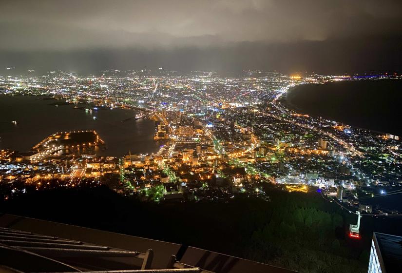 The Hakodate night view, a brightly lit city surrounded by the sea.