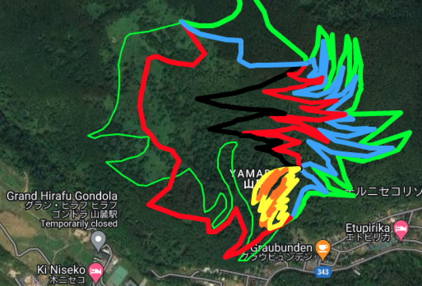 A colourful overlay of mountains bike trails in Niseko