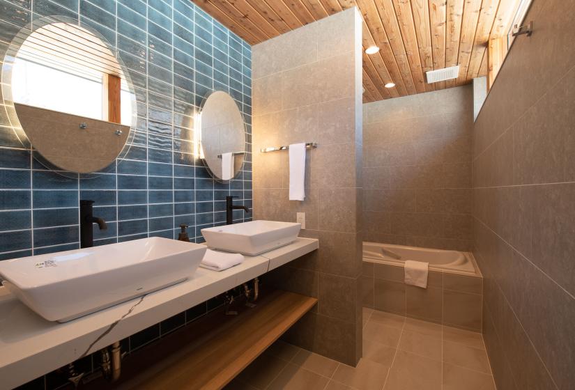 Two basins with blue tile splashback