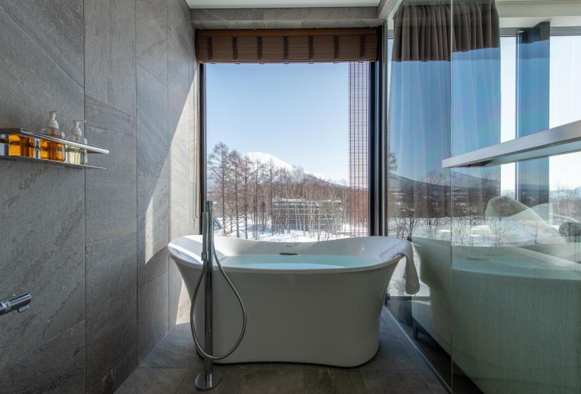 A white bath tub with Mount yotei view