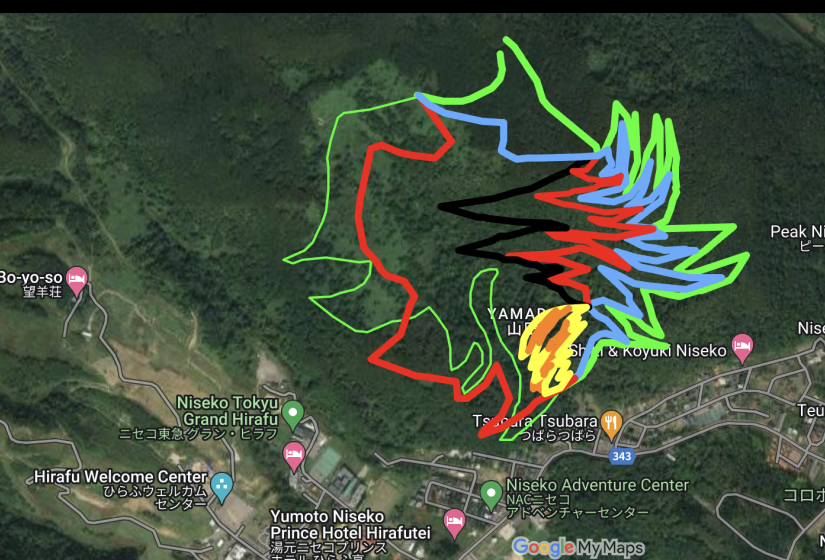 An overlayed map of Hirafu Village showing mountain bike trails
